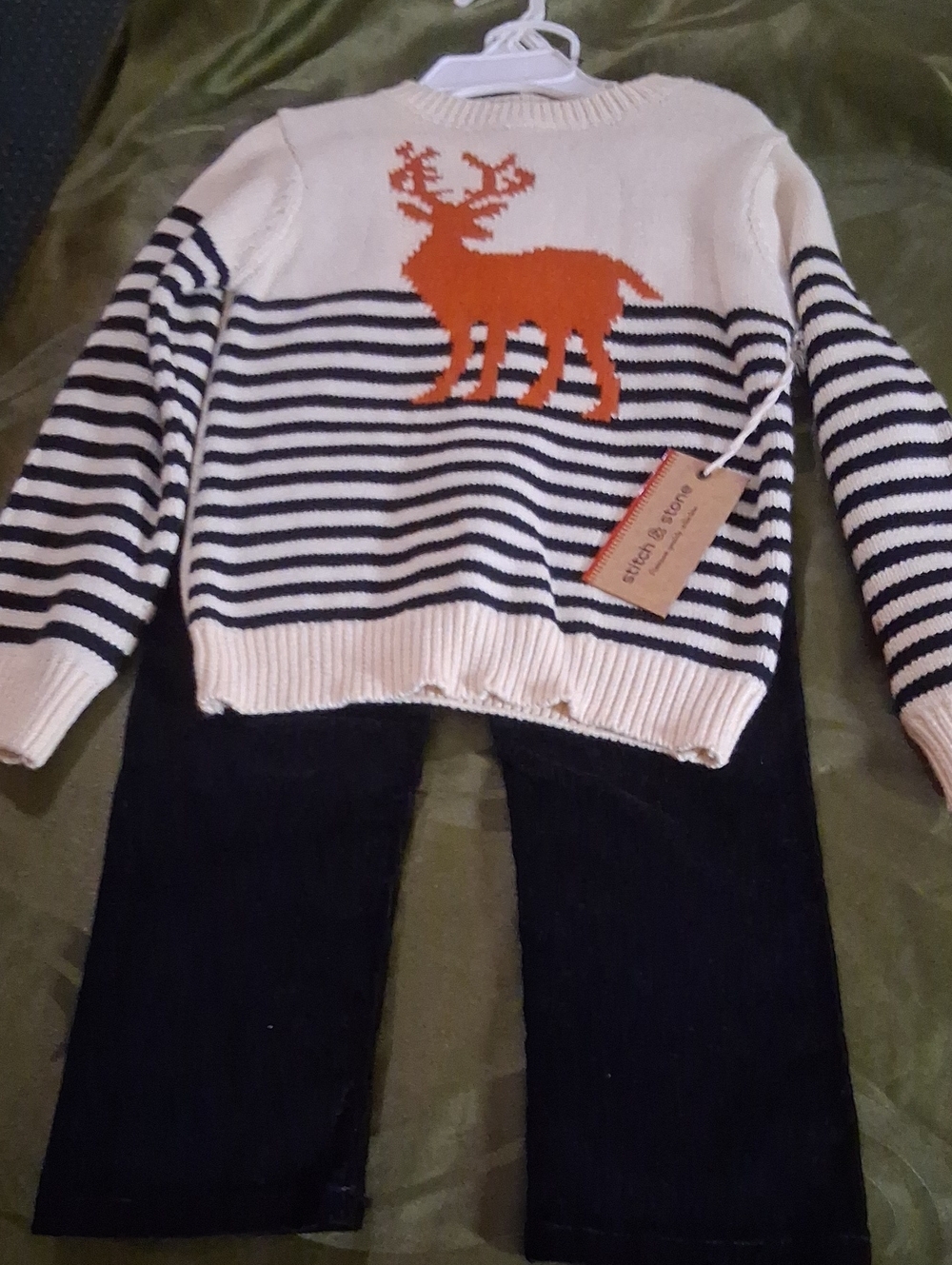 Kids Cream & Navy Striped Sweater Set with Orange Reindeer And Pants